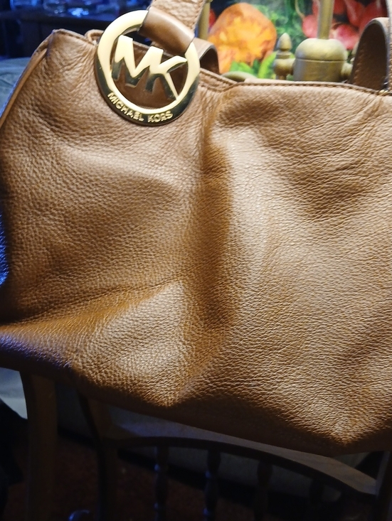 Michael Kors Handbags - Michael Kors Cognac Leather Tote with Gold MK Charm